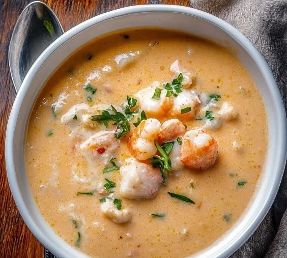 Creamy shrimp and crab seafood bisque served in a bowl with garnishes.