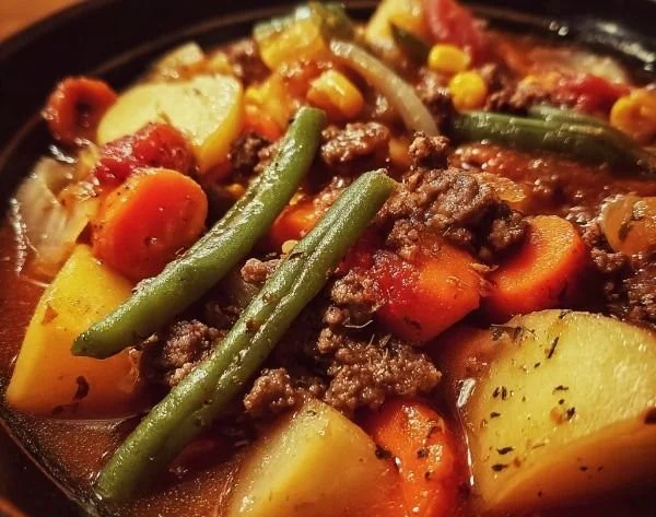 Bowl of Slow Cooker Shipwreck Stew with vegetables and meat
