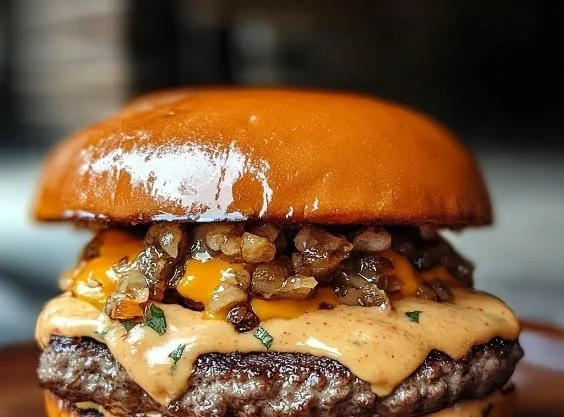 Delicious homemade Smashburger Sauce drizzled on a juicy burger