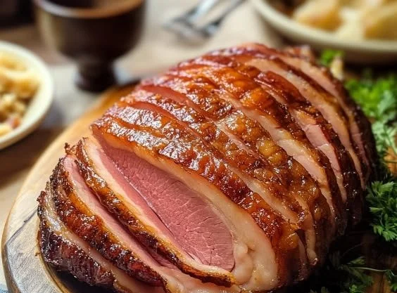 Delicious smoked ham glazed with sweet onion and honey on a serving platter.