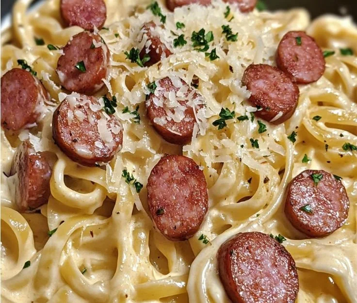 Creamy Smoked Sausage Alfredo Pasta served in a bowl garnished with parsley