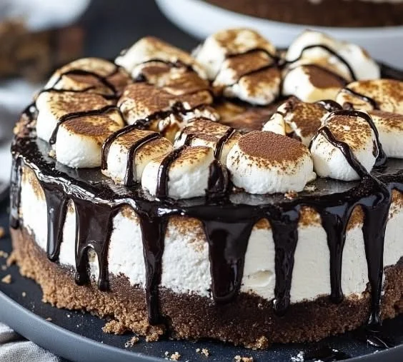 Delicious S'mores Cheesecake topped with chocolate and toasted marshmallows