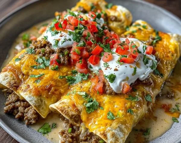 Southern-style breakfast enchiladas topped with sausage gravy