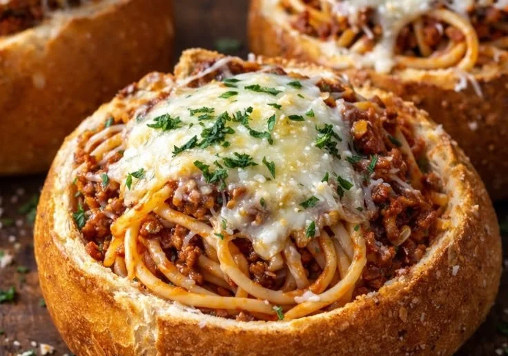 Spaghetti served in crispy garlic bread bowls, garnished with herbs.