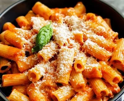 Delicious Spicy Rigatoni Vodka Pasta served with fresh herbs and a creamy sauce.
