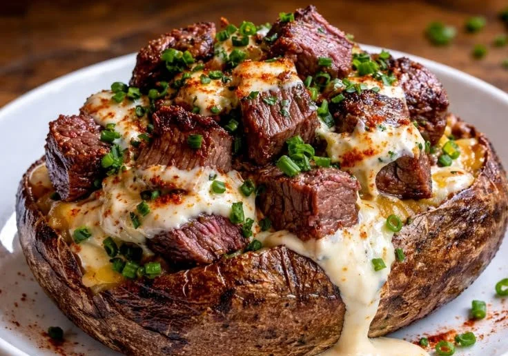 Steak bites served on a loaded baked potato with toppings.