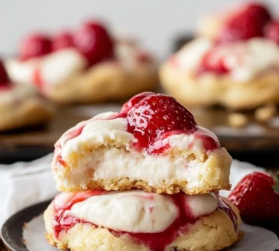 Strawberry cheesecake cookies with fresh strawberries and cheesecake filling