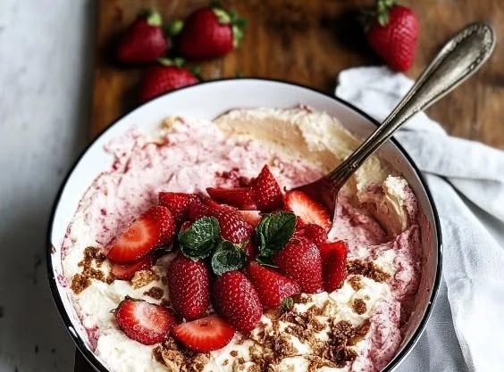 Delicious strawberry cottage cheese mousse in a glass topped with fresh strawberries