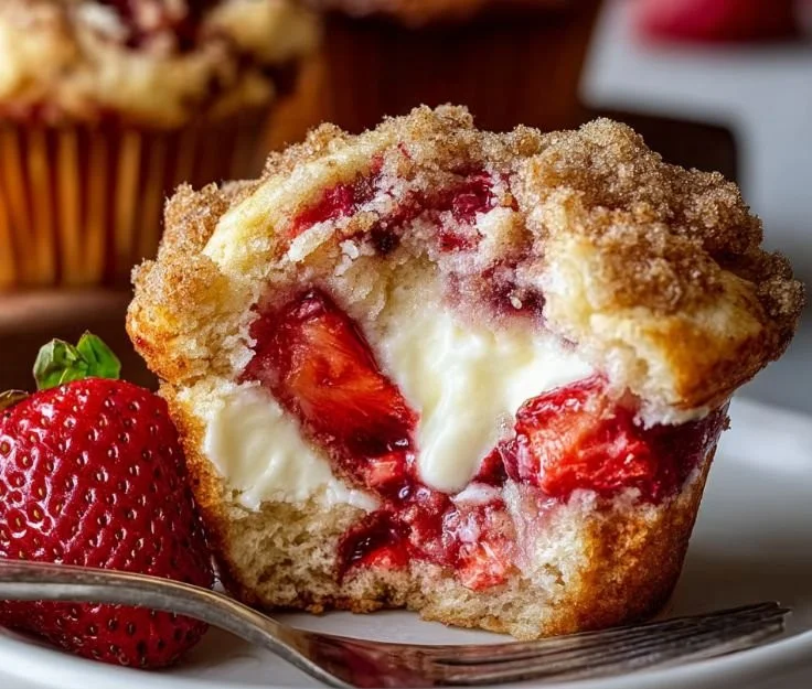 Freshly baked Strawberry Cream Cheese Muffins with a delicious creamy filling