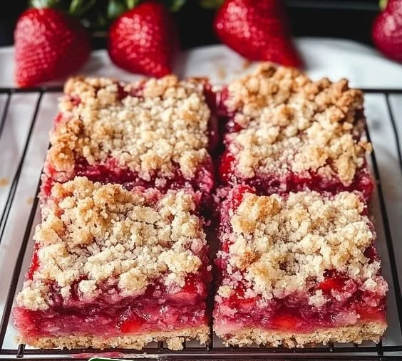 Homemade strawberry crumb bars on a plate with fresh strawberries.