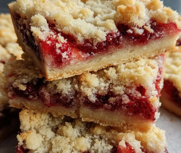 Freshly baked strawberry crumble bars on a parchment surface