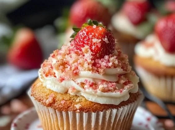 Delicious strawberry crunch cupcakes topped with fresh strawberries and crunch topping