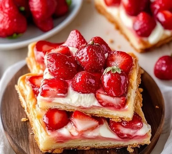 Strawberry-Filled Danish Pastry topped with fresh strawberries and glaze