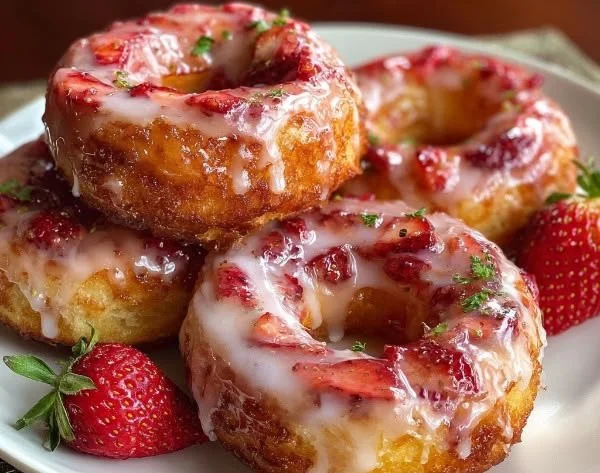 Homemade strawberry glazed donuts on a plate with fresh strawberries.