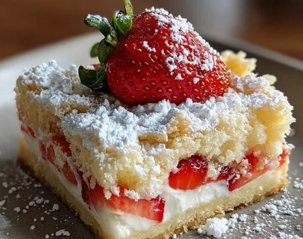 Homemade strawberry shortcake bars served on a plate with fresh strawberries.