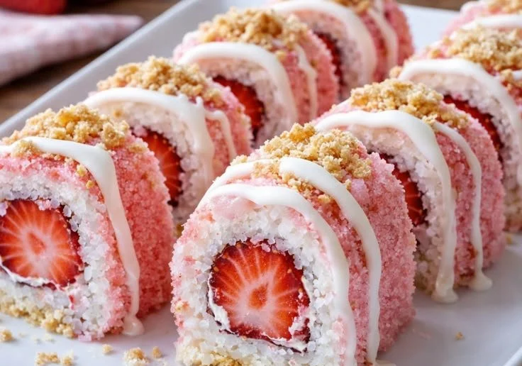 Strawberry shortcake cheesecake sushi rolls served on a plate with fresh strawberries.