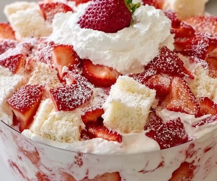 Delicious Strawberry Shortcake Fluff Salad with fresh strawberries and whipped topping