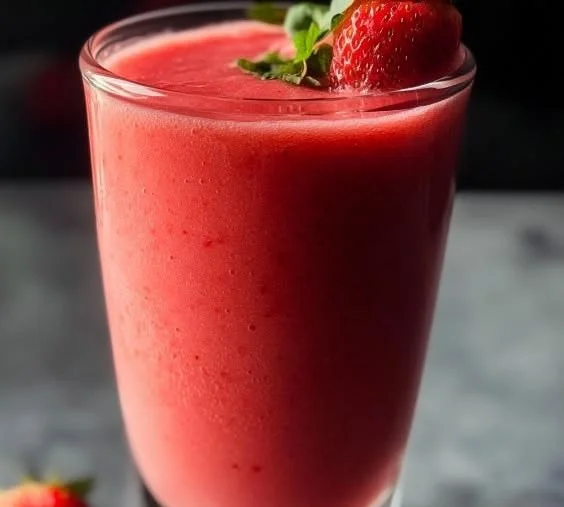 Fresh strawberry smoothie in a glass with berries and mint garnish