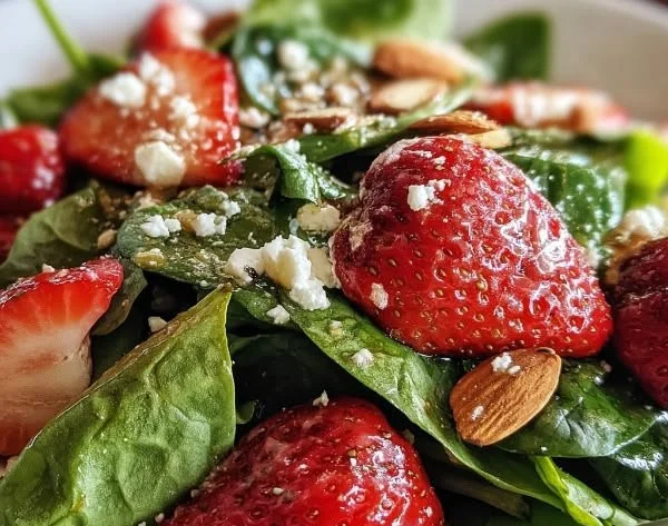 Fresh strawberry spinach salad with vibrant greens and sweet strawberries