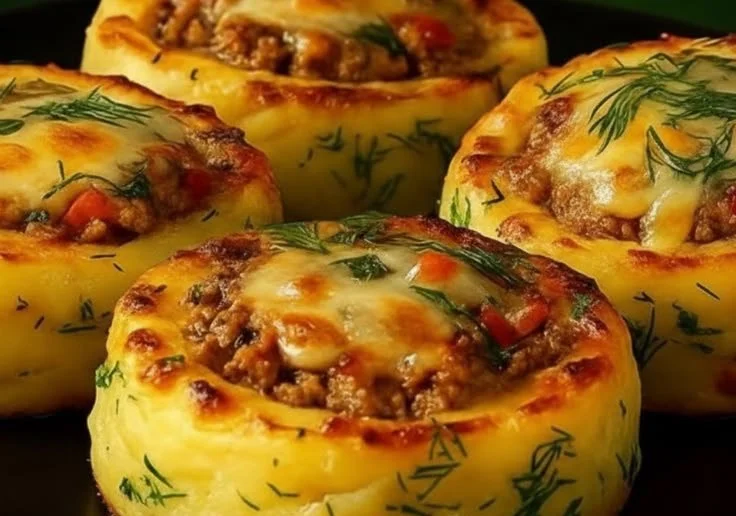 Delicious stuffed mashed potato nests served on a plate
