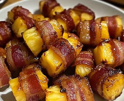 Sweet and spicy bacon-wrapped pineapple bites on a platter