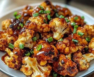 Sweet and spicy baked cauliflower dish served on a plate