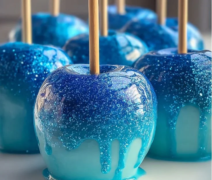 Colorful ocean-themed candy apples decorated with seashells and ocean colors