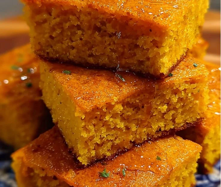 Sweet potato cornbread topped with honey butter on a rustic plate