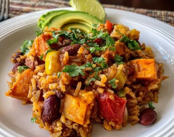 Delicious Sweet Potato Rice and Bean Casserole baked in a dish with toppings