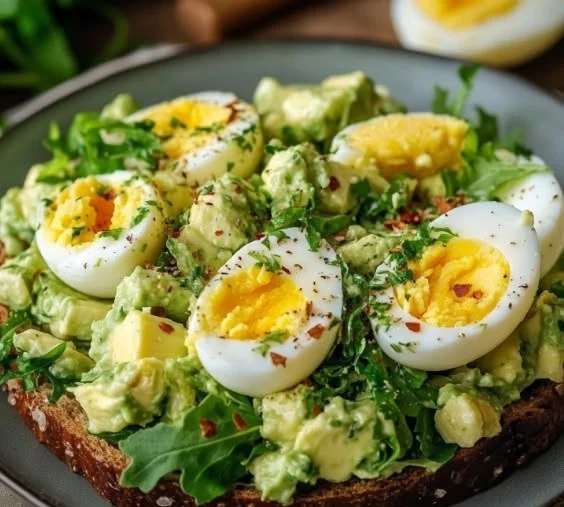 Tangy avocado egg salad served in a bowl with fresh herbs