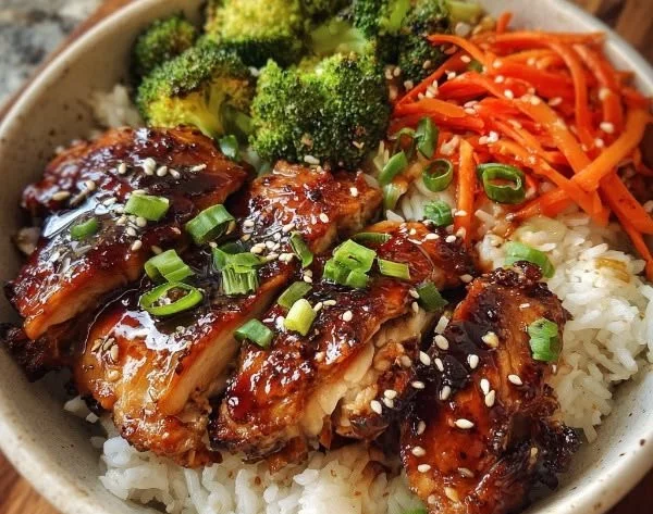 Delicious homemade teriyaki chicken bowls topped with vegetables