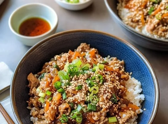 Teriyaki Ground Turkey Rice Bowl with vegetables in a bowl
