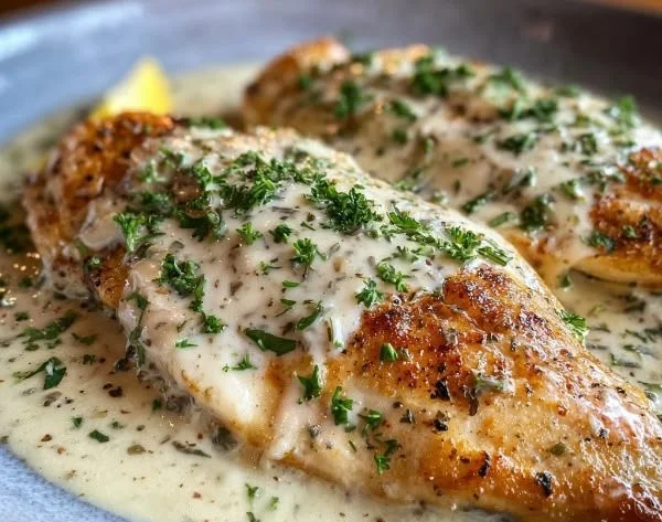 Tilapia fillet topped with creamy sauce and herbs
