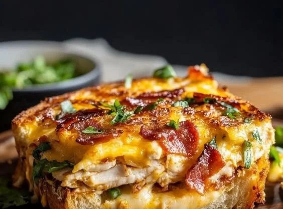 Delicious Turkey Melt sandwich with Cheddar and Bacon on Sourdough bread