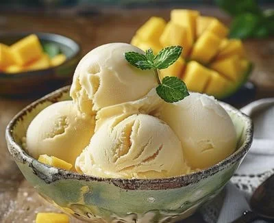 Homemade two-ingredient mango ice cream in a bowl ready to serve