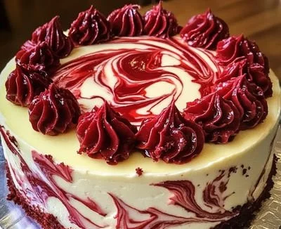 Ultimate Red Velvet Cheesecake Swirl Cake on a decorative plate