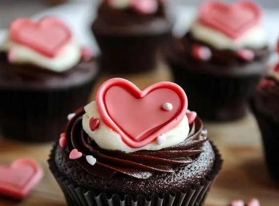 Valentine's Day chocolate heart cupcakes decorated with pink and red frosting.