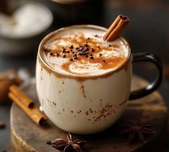A cup of Vanilla Cinnamon Milk Tea garnished with cinnamon sticks and vanilla pods