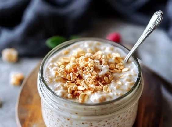 A bowl of creamy Vanilla Overnight Oats topped with fruits and nuts