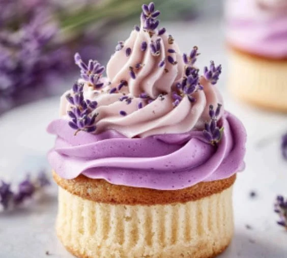 Vegan lavender buttercream frosting on a cupcake