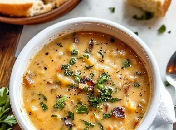 Bowl of Wild Rice Soup with Lemon and Garlic, garnished with fresh herbs.