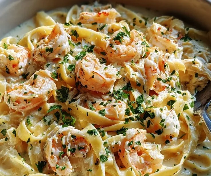 Delicious 1 Pot Shrimp and Crab Alfredo served in a bowl
