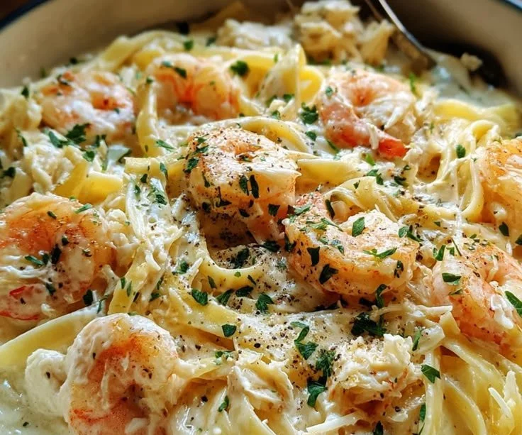Delicious 1 Pot Shrimp and Crab Alfredo with creamy seafood Alfredo sauce