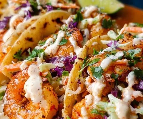 Delicious shrimp tacos topped with fresh ingredients on a plate