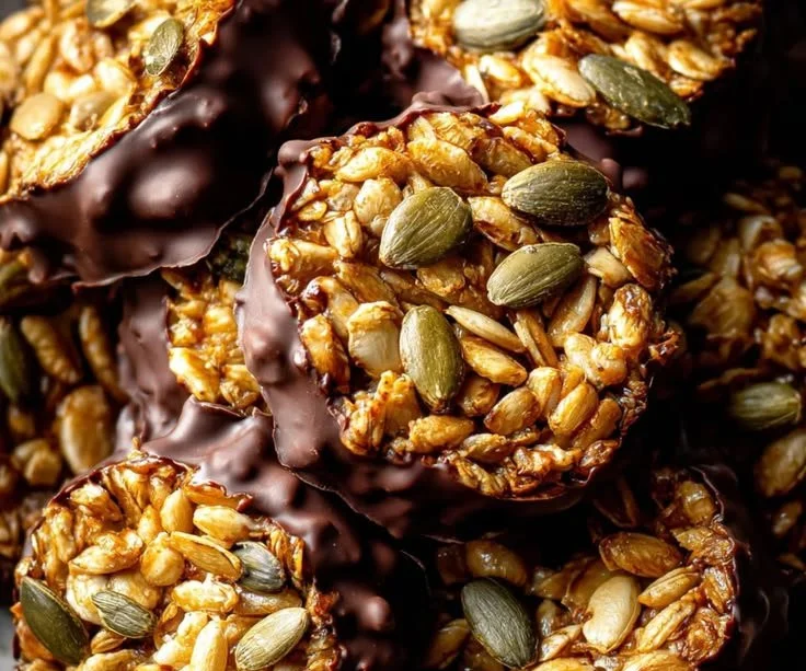 A close-up of sunflower seed chocolate bites on a rustic wooden table.