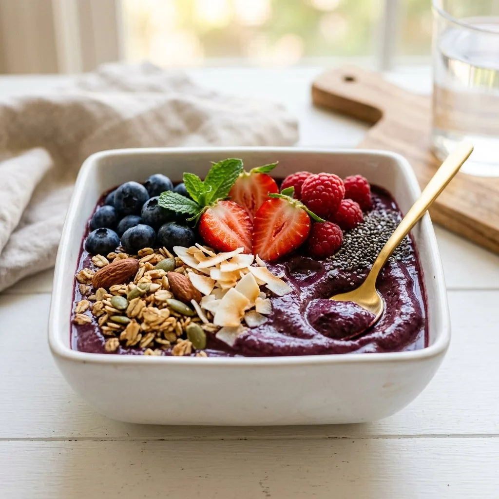 Homemade açaí bowl topped with fruits and granola