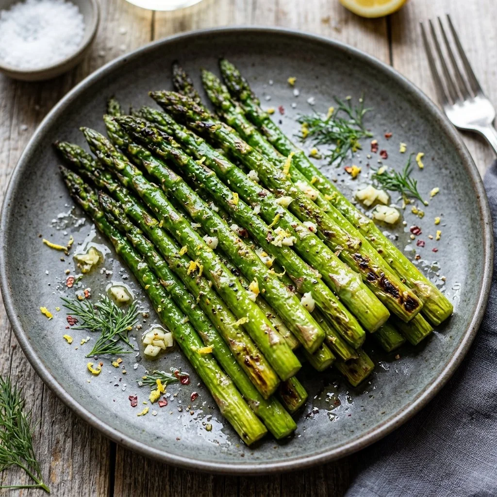 Crispy air fryer asparagus served on a plate
