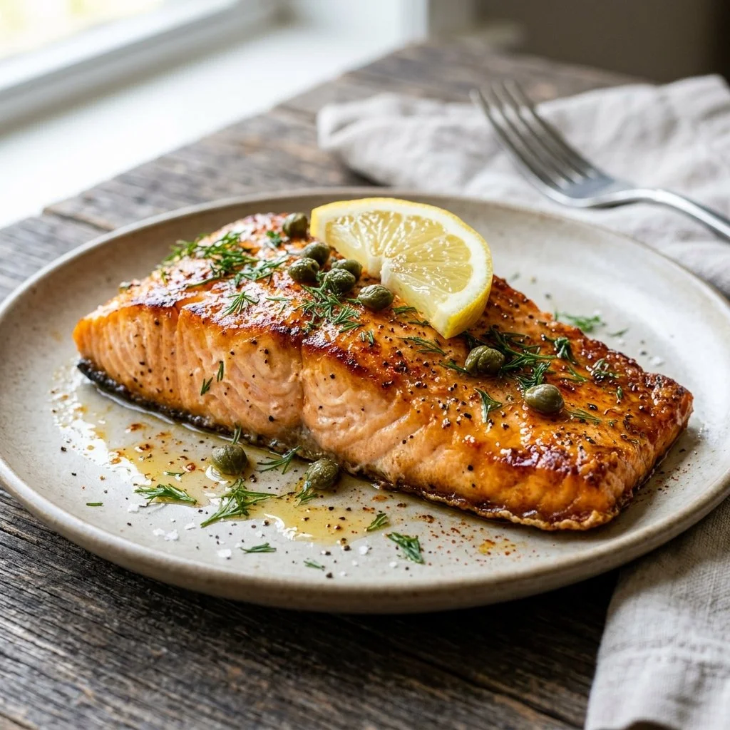 Perfectly cooked Air Fryer Salmon fillet with crispy skin and vibrant herbs.