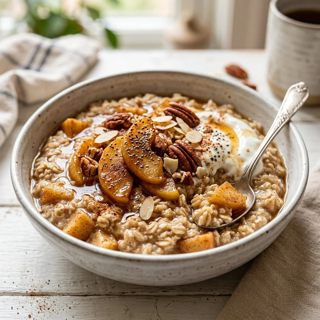 Bowl of delicious apple cinnamon oatmeal topped with fresh apples and cinnamon