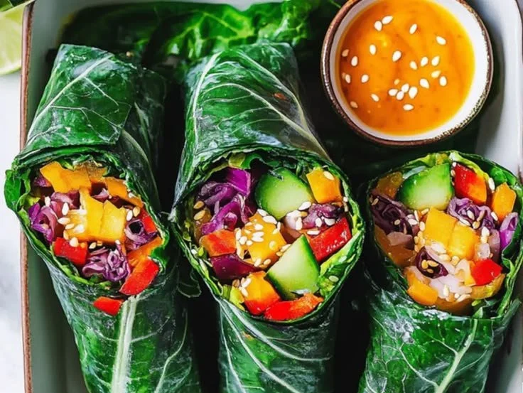Colorful Asian-style rainbow swiss chard wraps filled with fresh vegetables